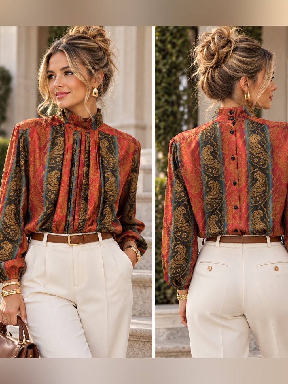 VINTAGE Anne Pinkerton High-Neck Paisley-Stripe Blouse in Rust and Olive